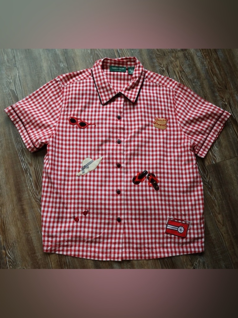 Lemon Grass Womens Picniccore Novelty Fun Summer Button Up Double Shirt Blouse L